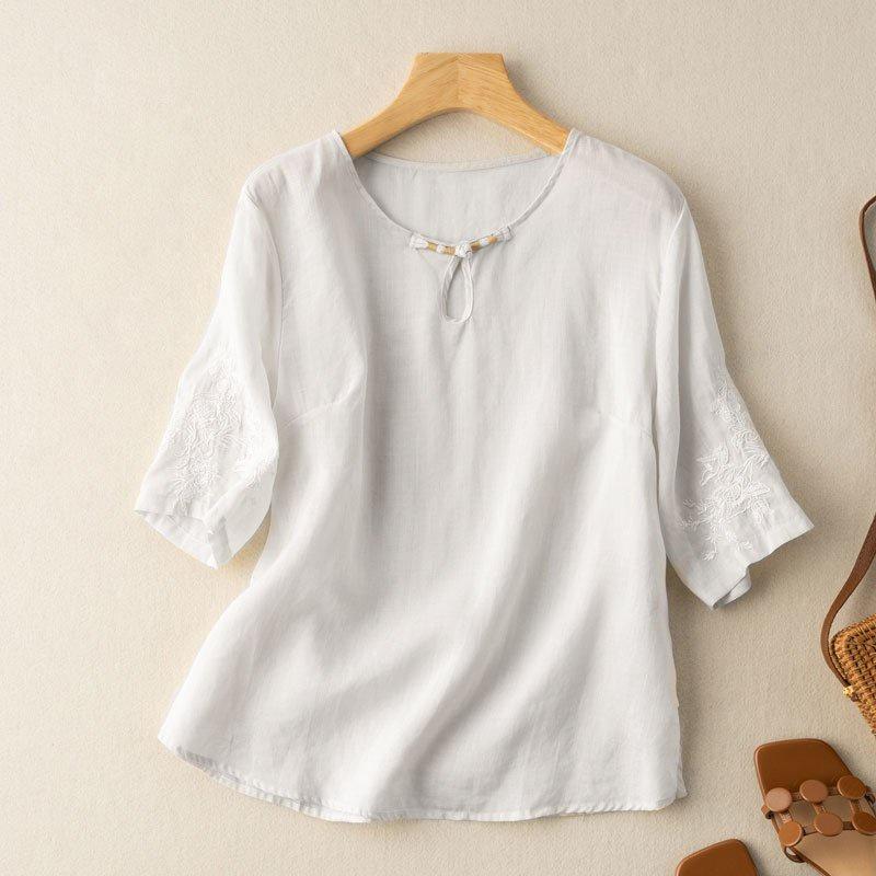 Áo trung niên nữ cổ tròn thêu họa tiết tay áo, chất đũi mát mịn