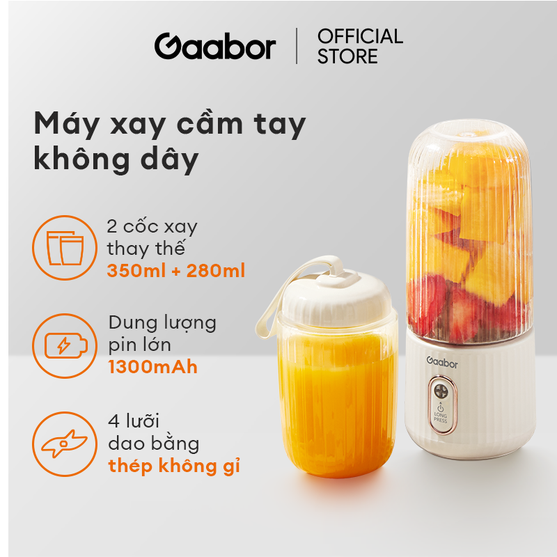 Máy xay sinh tố cầm tay mini Gaabor FP03T-WH01A 350ml công suất 50W ly xay nhỏ gọn tiện lợi tích điện cổng sạc USB - Hàng chính hãng