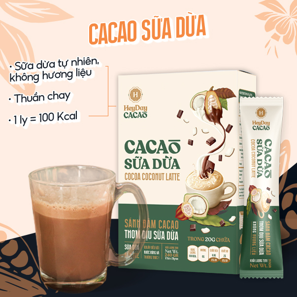 Bột Cacao Sữa Dừa Heyday - Combo 2 gói 20g - Bột cacao sữa dừa tự nhiên, thuần chay - Heyday Cacao