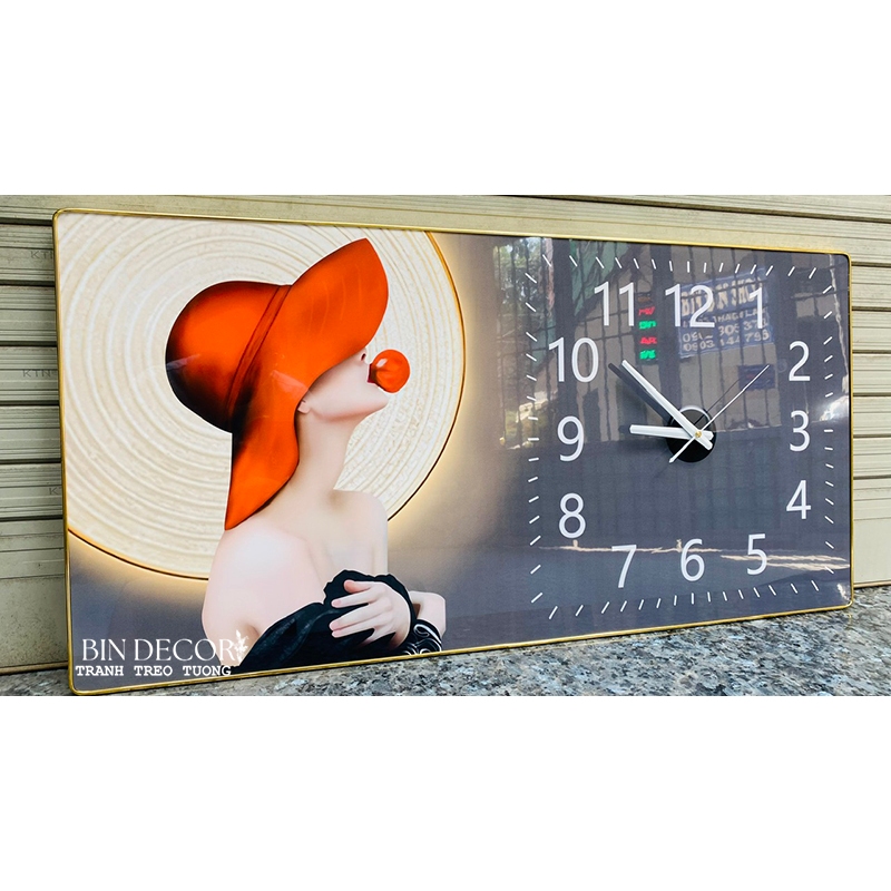 (ẢNH THẬT) Tranh đồng hồ tráng gương cô gái nghệ thuật bo viền vàng kèm đinh