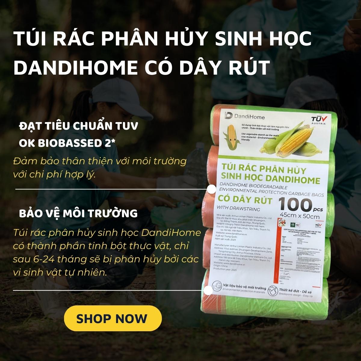 Túi rác, túi đựng rác tự hủy sinh học DandiHome có dây rút, túi rác không gây hại cho môi trường