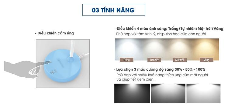 Đèn bàn bảo vệ thị lực Rạng Đông 3 cấp 4 màu ánh sáng, công nghệ LED Sunlike, điều khiển cảm ứng