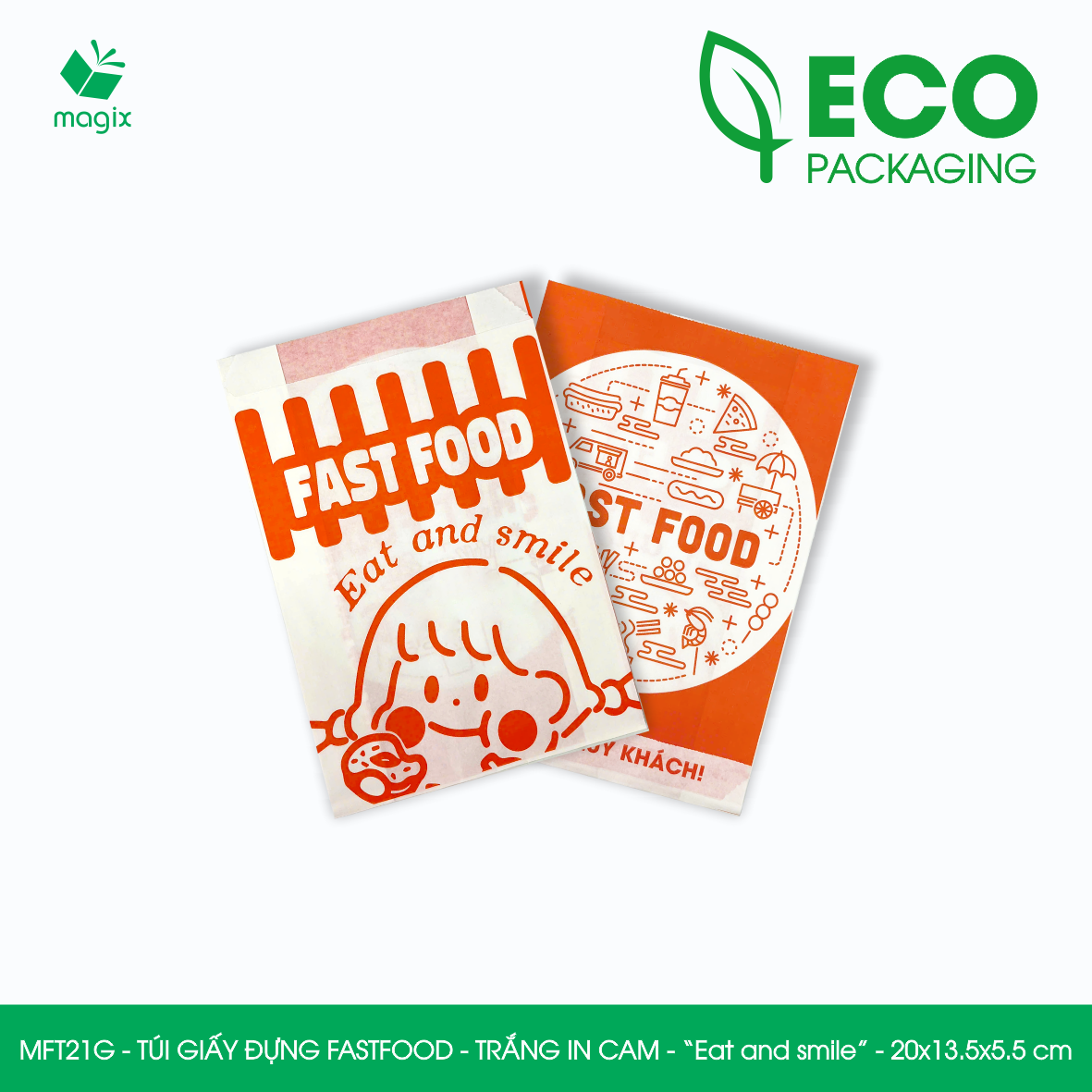 MFT21G - 20x13.5x5.5 cm - 100 Túi giấy MG đựng fastfood, túi đựng thực phẩm