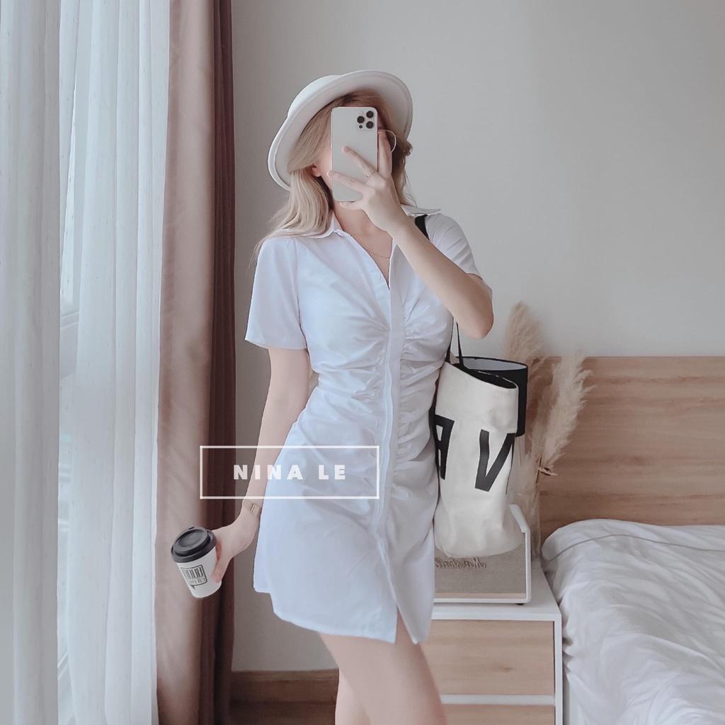 Đầm sơ mi tay ngắn phối hàng nút xếp ly màu sắc (Xanh, Trắng, Cam, Hồng) siêu xinh giúp nàng nổi bật dạo phố, đi biển