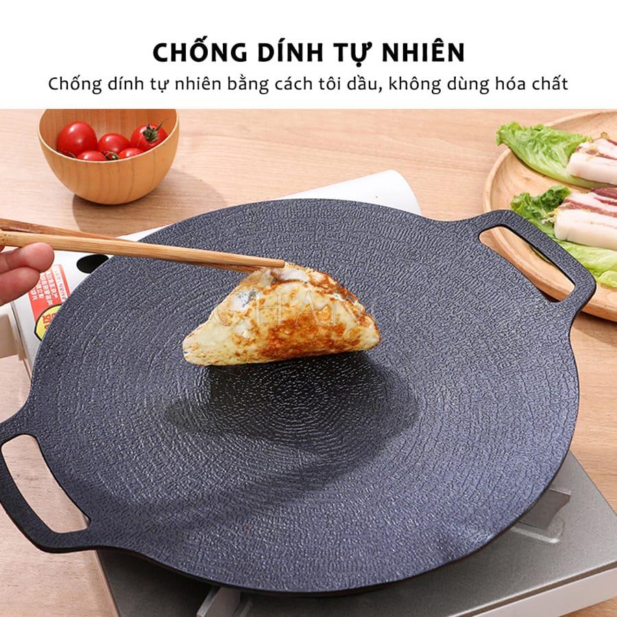 Chảo Đá Nướng Thịt Kiểu Hàn Quốc, Vỉ Nướng BBQ Chống Dính Không Cần Dầu Size 34cm