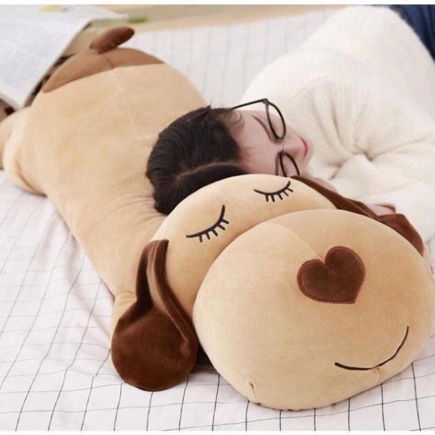 Gấu bông to gấu ôm thú nhồi bông con chó nằm dài mũi tim to mềm mịn size 90cm 1m1