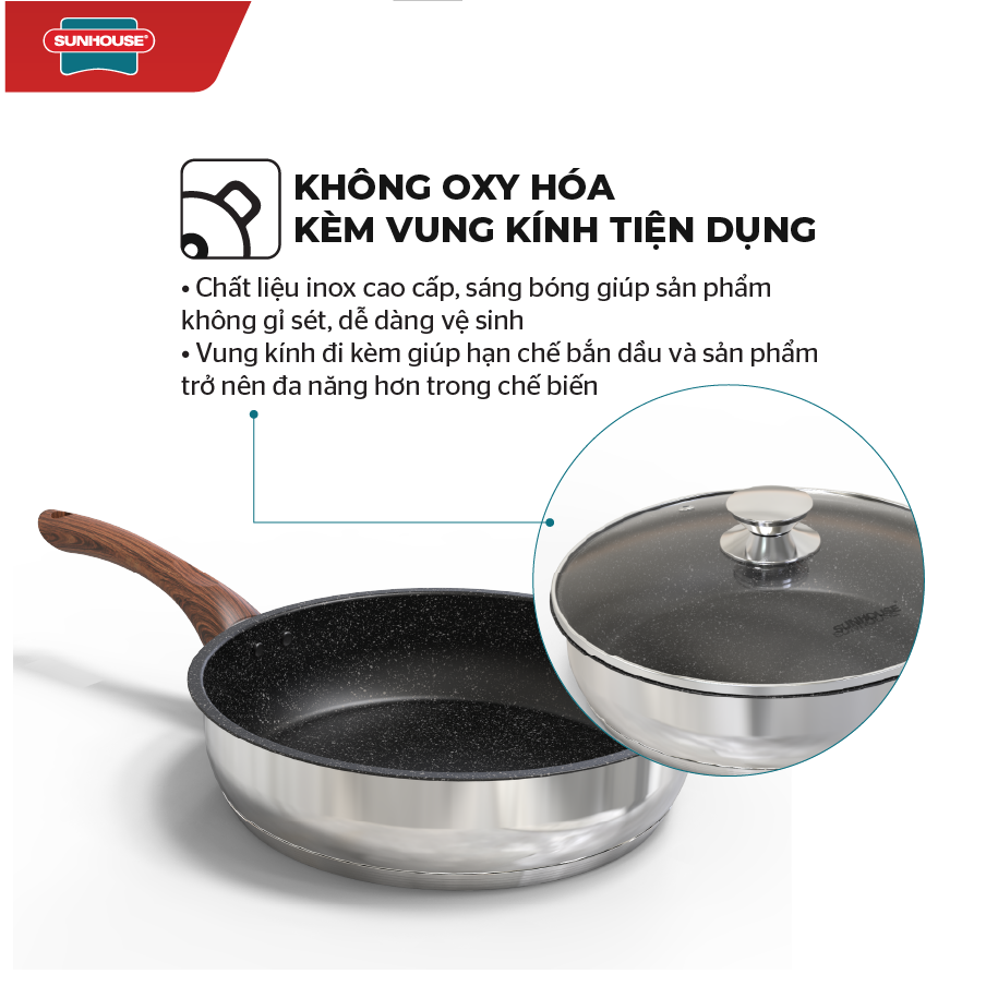 Chảo inox 304 đáy từ ,vung kính cường lực siêu bền, Cán vân gỗ cao cấp Sunhouse MAMA IN24ME5