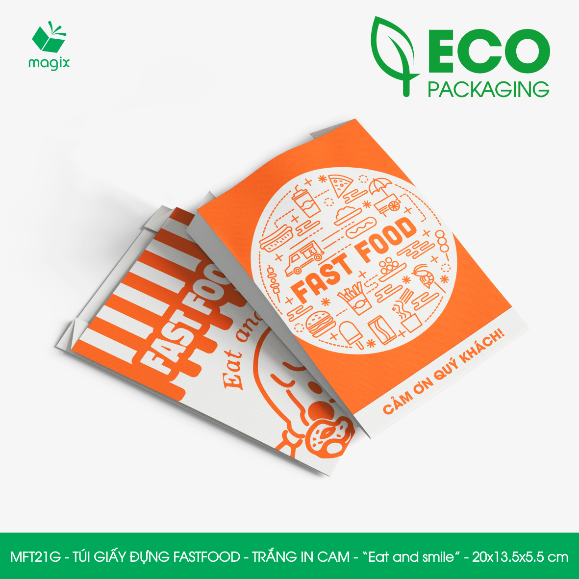 MFT21G - 20x13.5x5.5 cm - 500 Túi giấy MG đựng fastfood, túi đựng thực phẩm