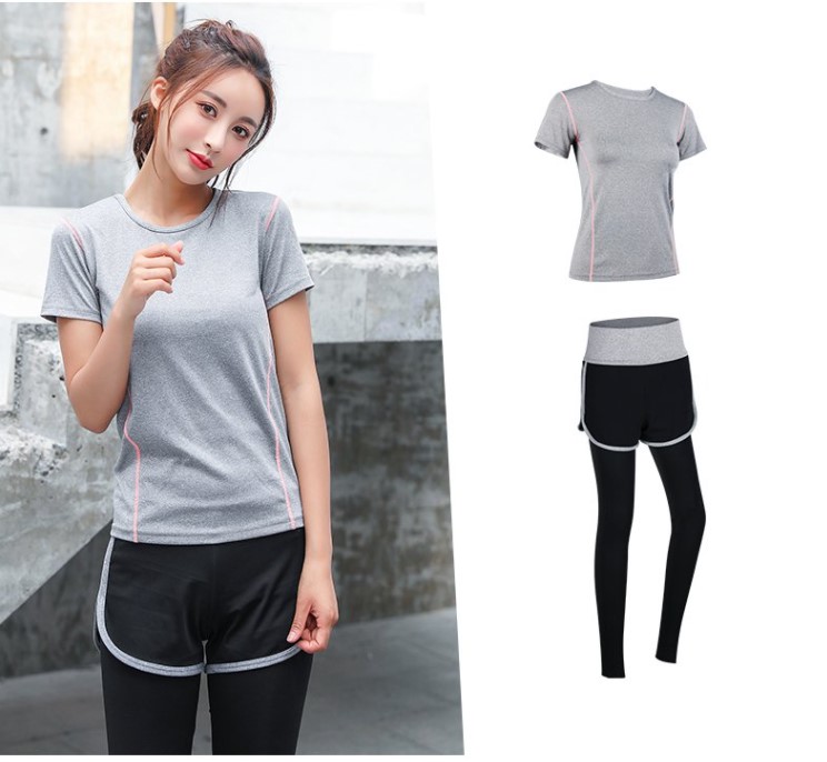Quần Áo Thể Thao Nữ Áo Xám Đen Quần Tập Gym 2 Lớp, Bộ Đồ Tập Gym, Aerobic