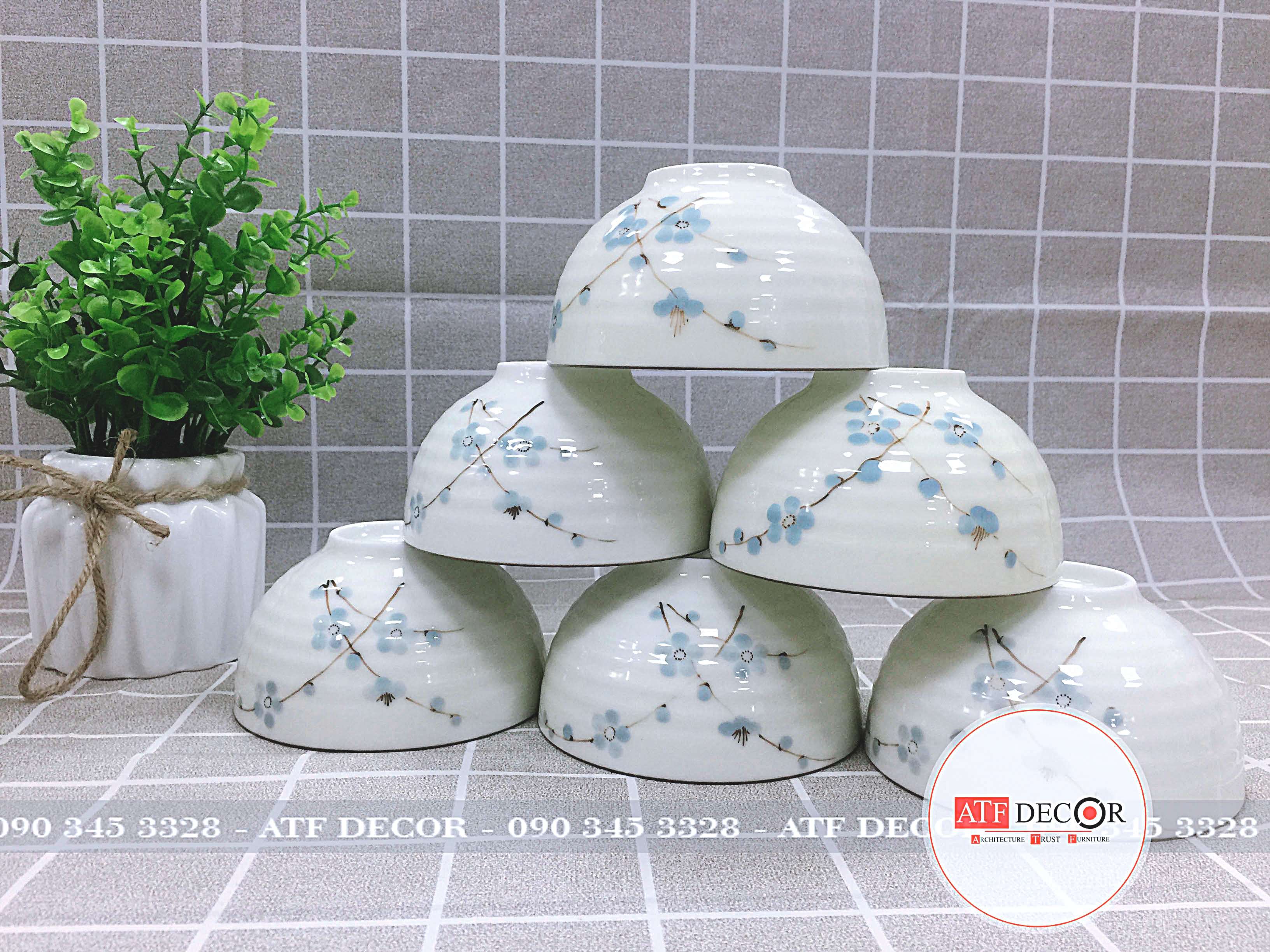 Bộ 10 bát cơm men kem Bát Tràng cao cấp vẽ đào xanh