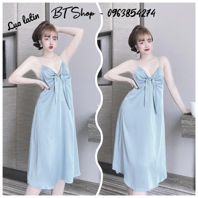 Đầm váy ngủ mặc nhà lụa latin 2 dây màu trơn freesize 42-57kg