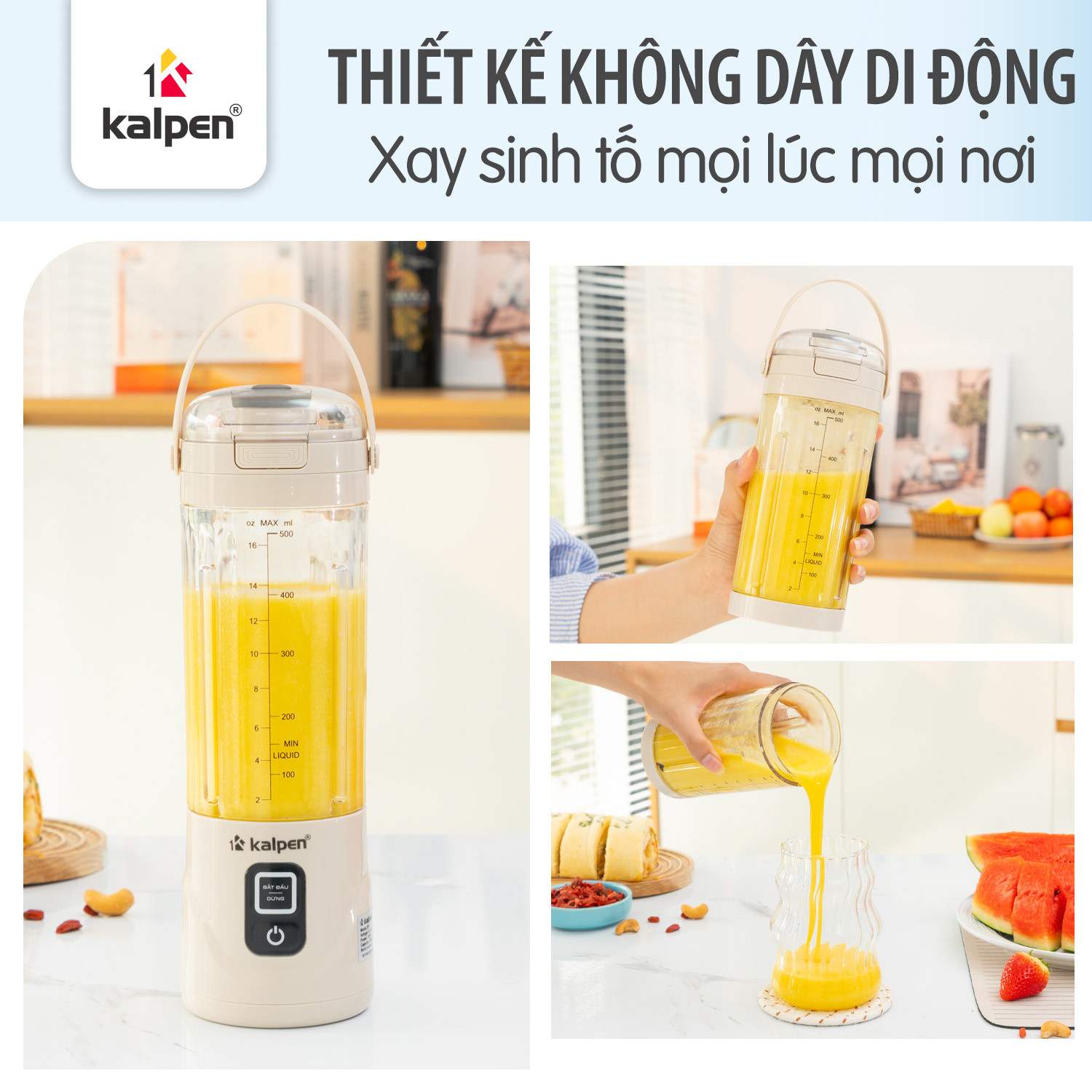 Máy xay sinh tố cầm tay không dây Kalpen B11 công suất 150W dung tích 500ml pin sạc lithium 4000mAh Hàng chính hãng