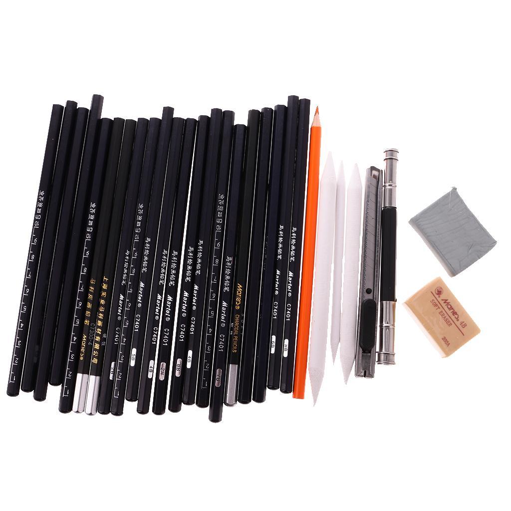 Set of 30 Sketch Pencil Charcoal Pencil Eraser Paper Pen Artists Drawing Art Kit with Bag