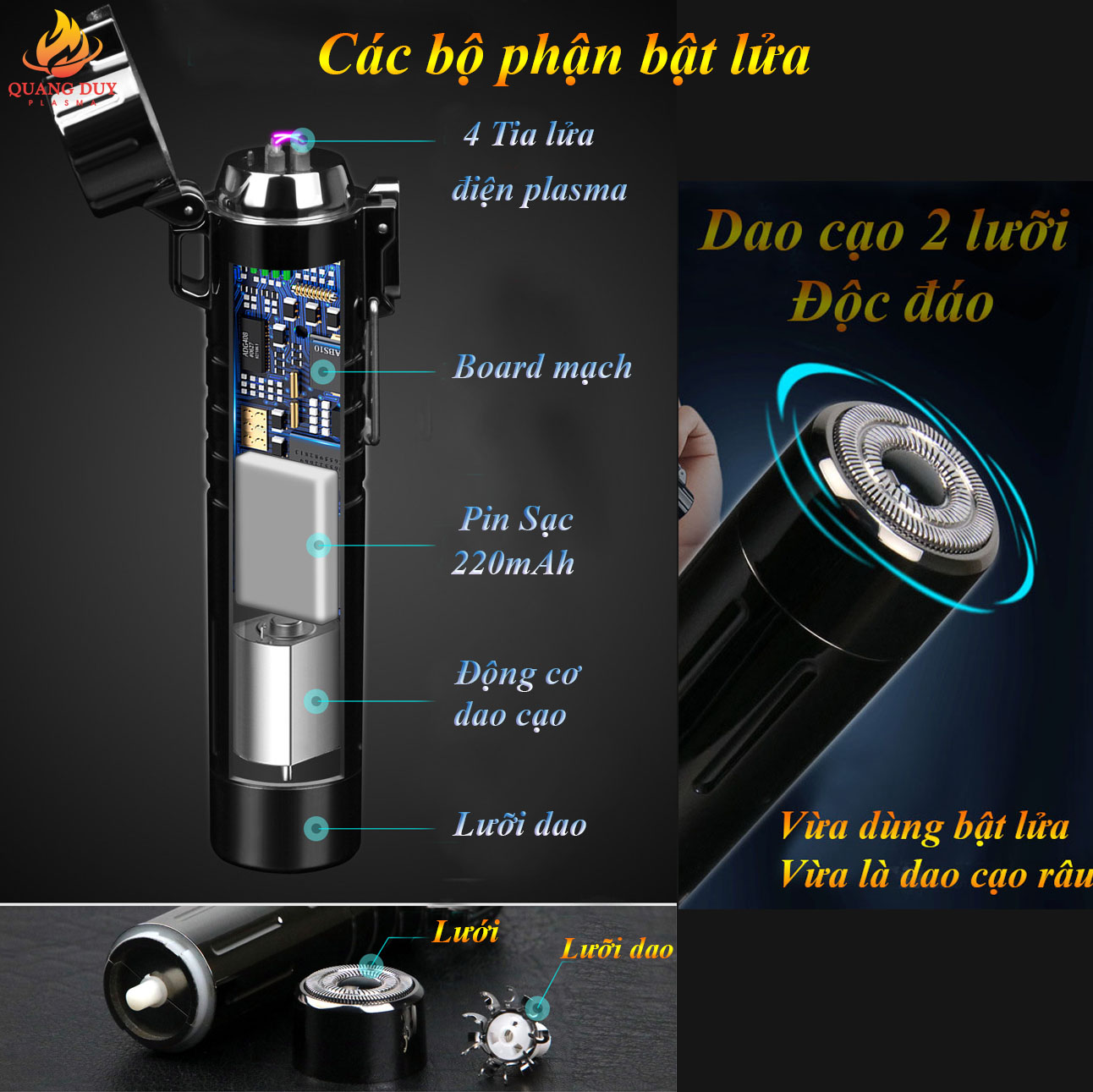 Bật lửa điện độc lạ tạo plasma 4 tia tích hợp dao cạo râu điện sạc pin tiện lợi tiện ích