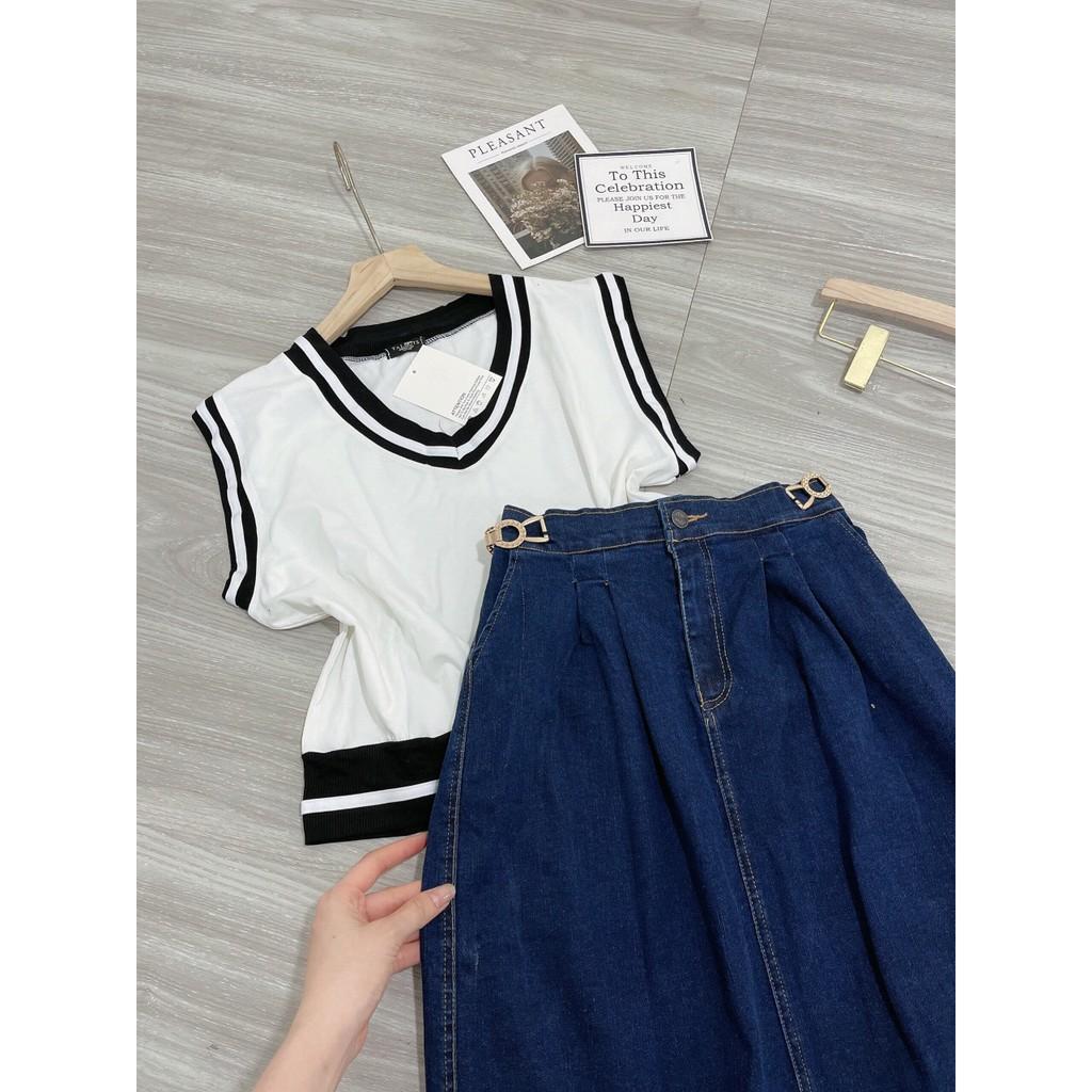 Sét áo ba lỗ phối viền kèm chân váy bò cá tính - áo thun tàu xịn mát Chân váy jean co giãn mềm đẹp - đai khuy xịn xò