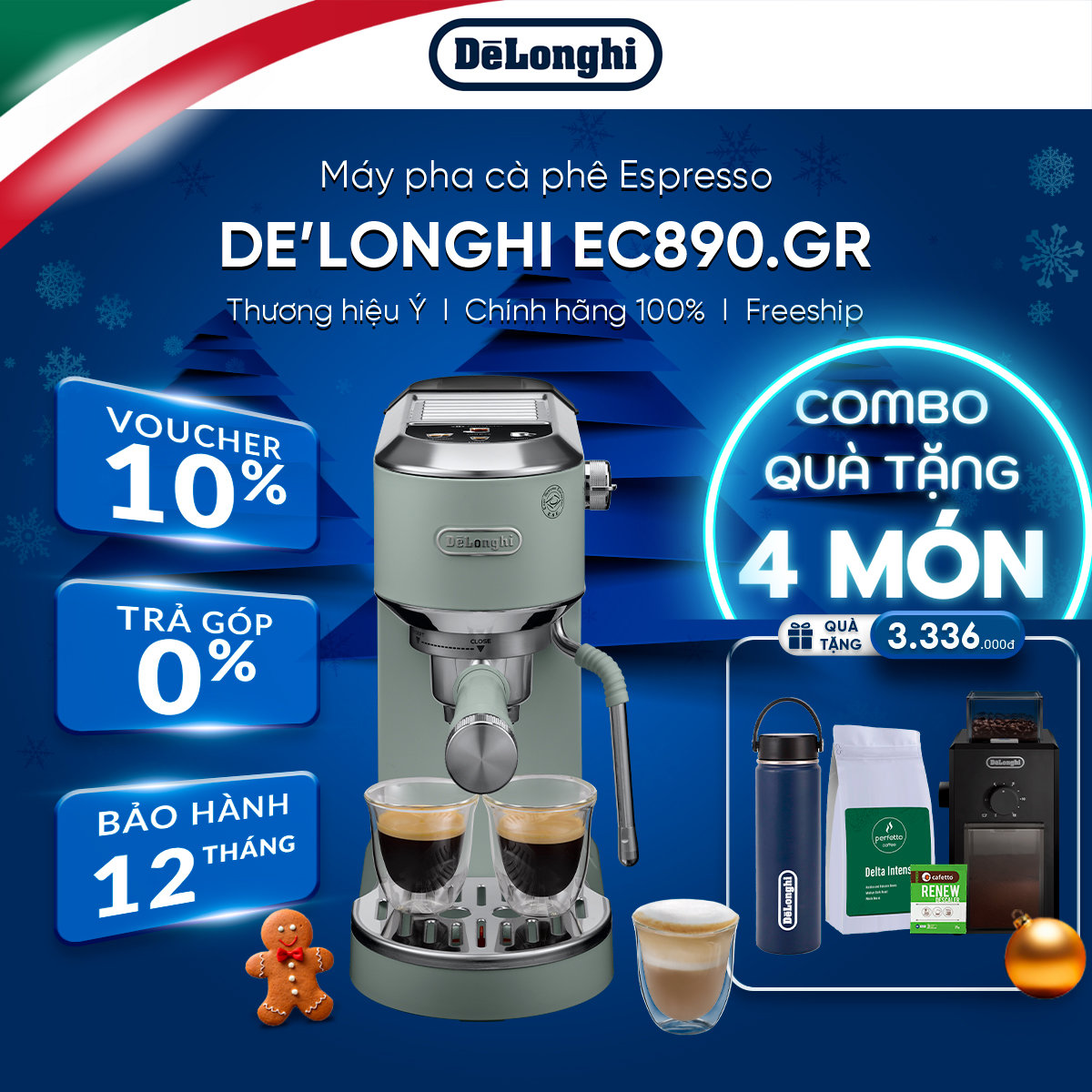 Máy pha cà phê espresso DeLonghi Dedica Duo EC890.GR - Hàng Chính Hãng