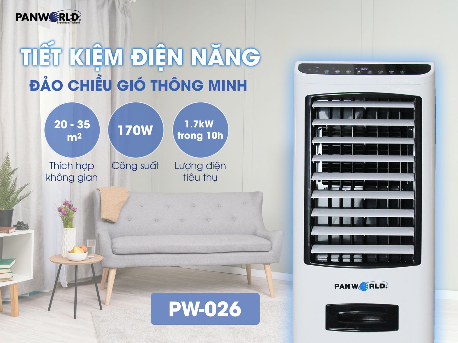 Máy quạt làm mát không khí bằng hơi nước PW-026 Thái Lan 170W bình nước 17 lít - Hàng chính hãng