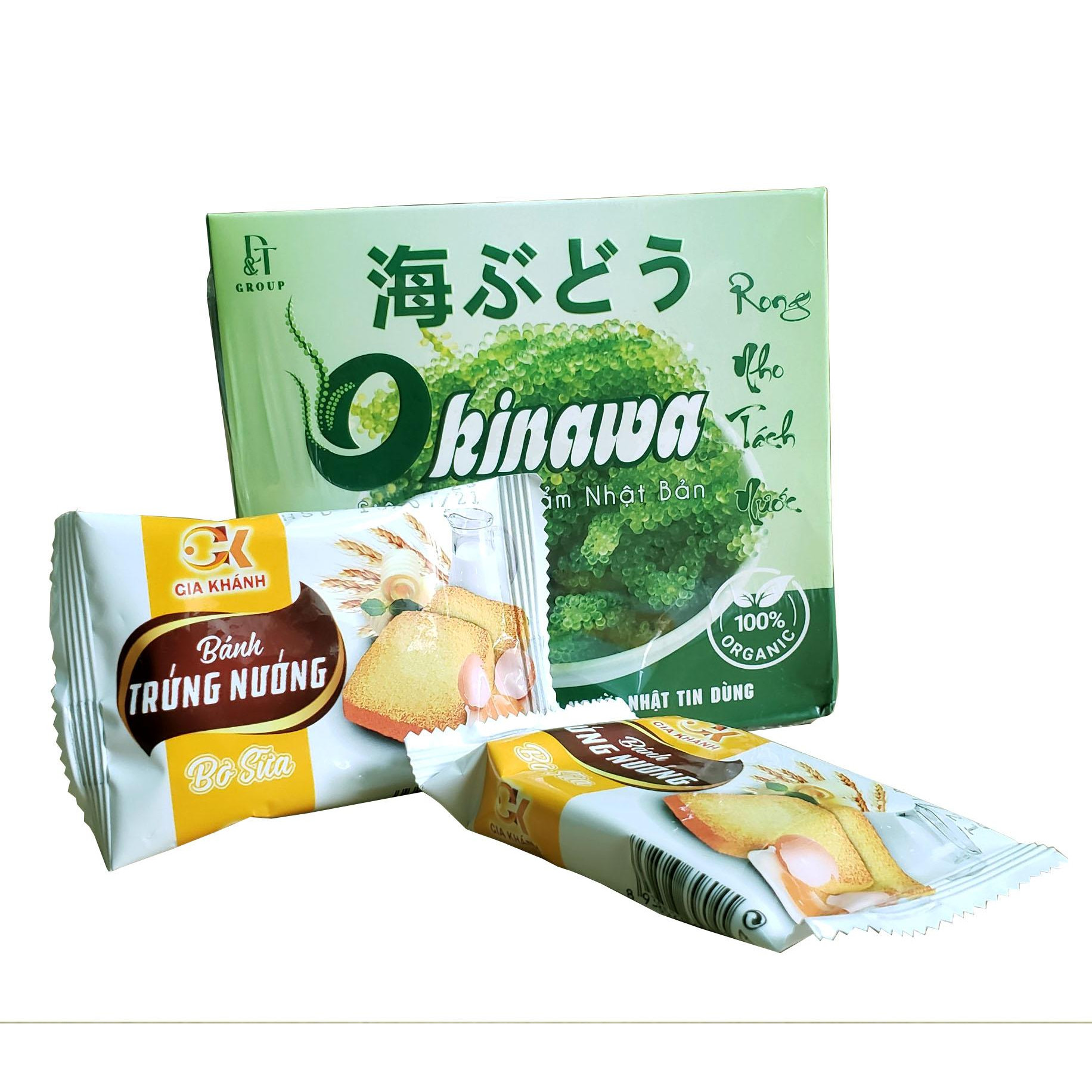 Rong nho tươi tách nước Okinawa 100g (5 gói x 20g) + tặng kèm 2 gói bánh trứng Gia Khánh