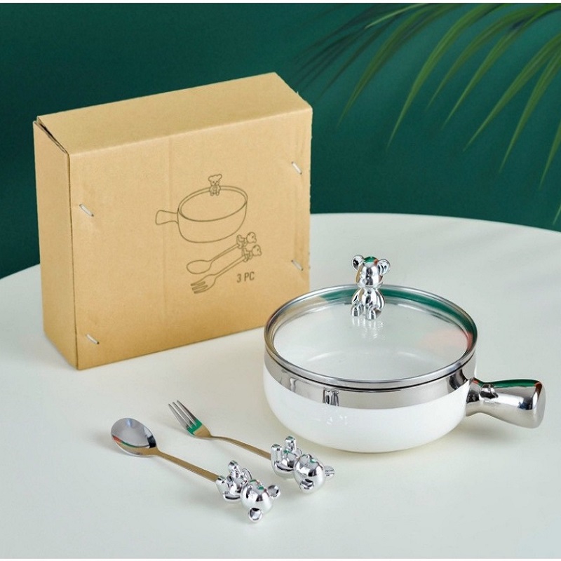 Bát Sứ Có Tay Cầm Có Nắp Đậy Hình Gấu Decor Thố Tròn Phong Cách Bắc Âu, Tô Bát Gấu Sứ Có Tay Cầm Decor Kèm Muỗng Nĩa