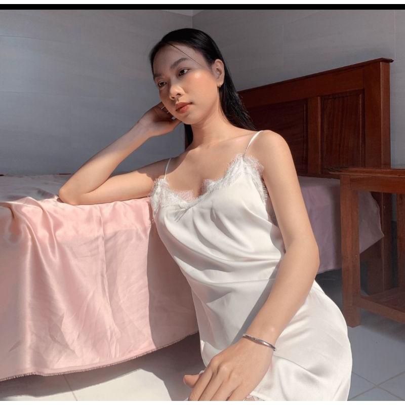Váy ngủ lụa 2 dây phối ren mi sang trọng-Màu trắng kem tặng kèm quần chip ren xinh xắn gợi cảm