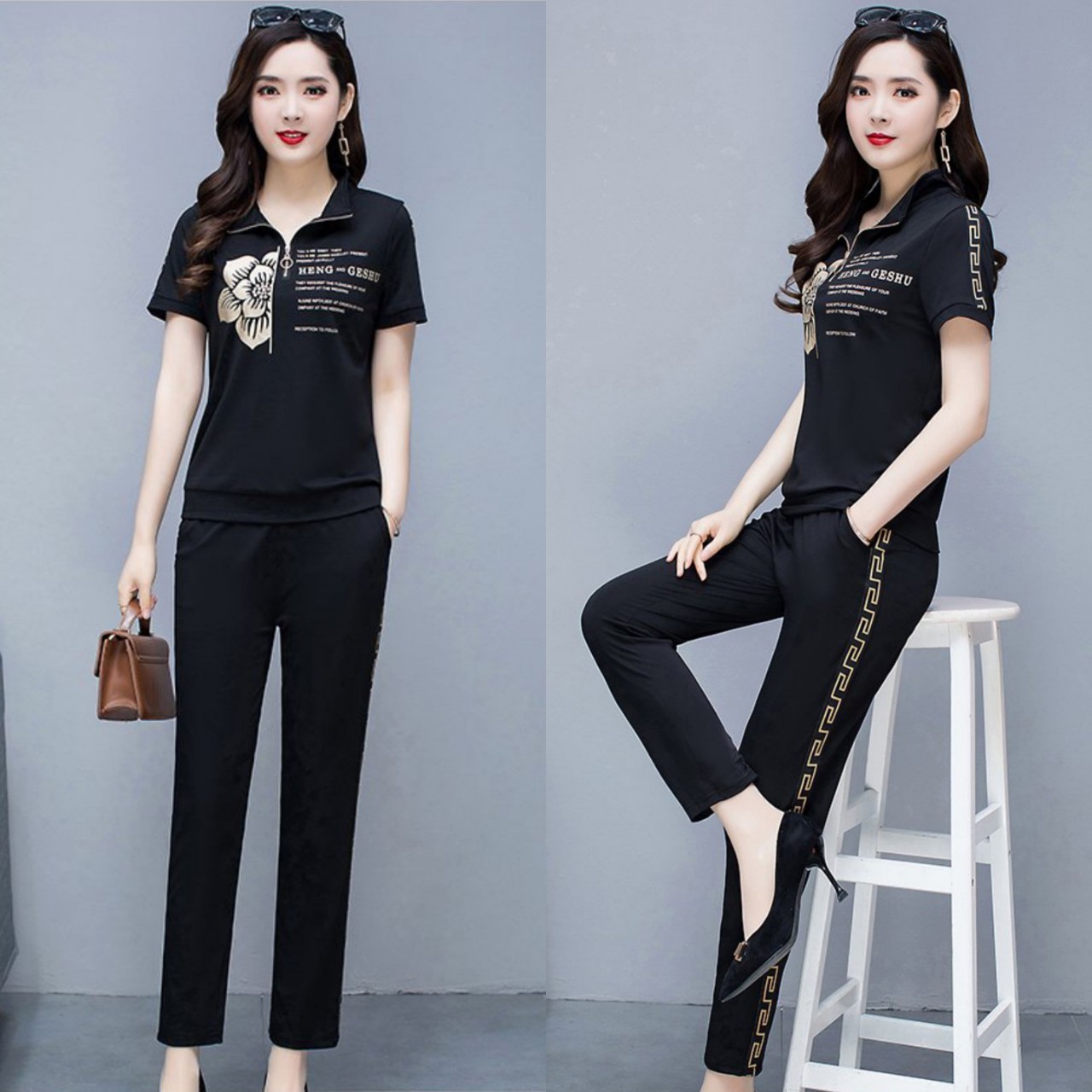 BỘ THỜI TRANG PHỐI HỌA TIẾT HOA CHẠY DÂY KHÓA KÉO TAY NGẮN SANG TRỌNG