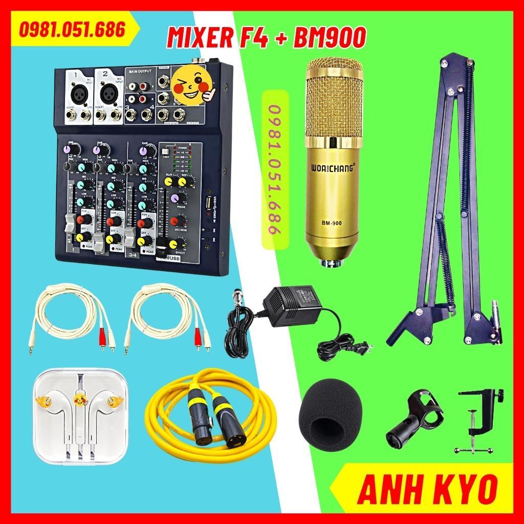 Bộ Mic Thu Âm BM900 Mixer F4 Bluetooth Âm Thanh Sống Động, Tùy Chỉnh Độ Vang Hỗ Trợ Lắp Đặt