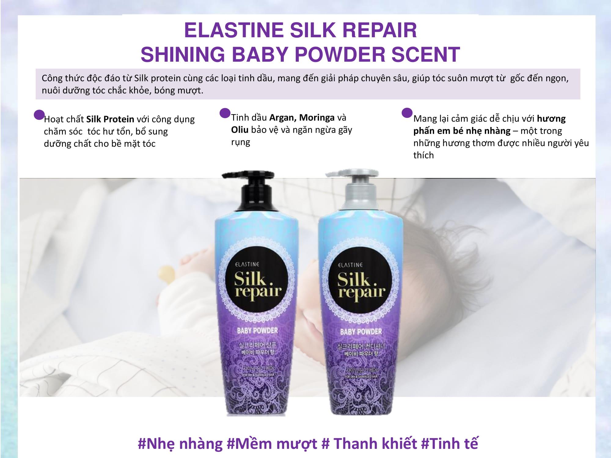 [Mua 10 tặng 2] 12 gói dầu gội chăm sóc và nuôi dưỡng tóc Elastine Silk Repair - hương Phấn em bé - gói 6ml