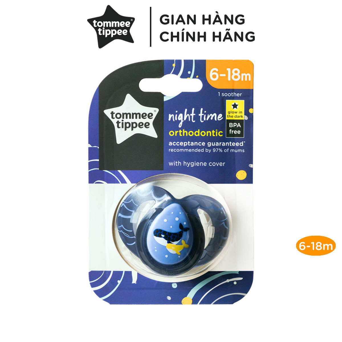 Ty ngậm dạ quang cho bé Tommee Tippee Night Time 6-18 tháng (vỉ đơn)  - Cá Voi