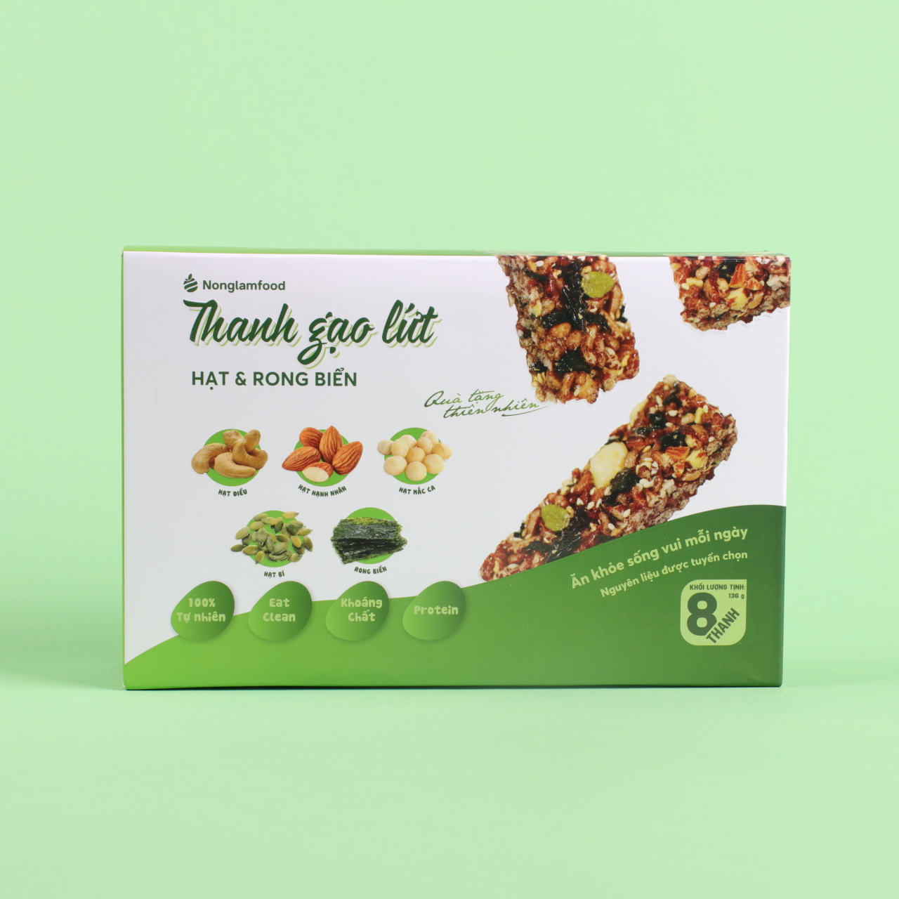 [THUẦN CHAY] Thanh gạo lứt Hạt &amp; Rong Biển Nonglamfood hộp 8 thanh 136g | Chay mặn đều dùng được | Hỗ trợ ăn kiêng giảm cân | Bữa ăn dinh dưỡng thay thế lành mạnh