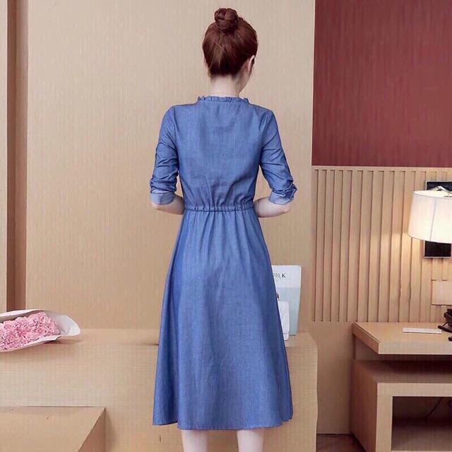 Đầm jean denim cotton xoè rút eo S.ML