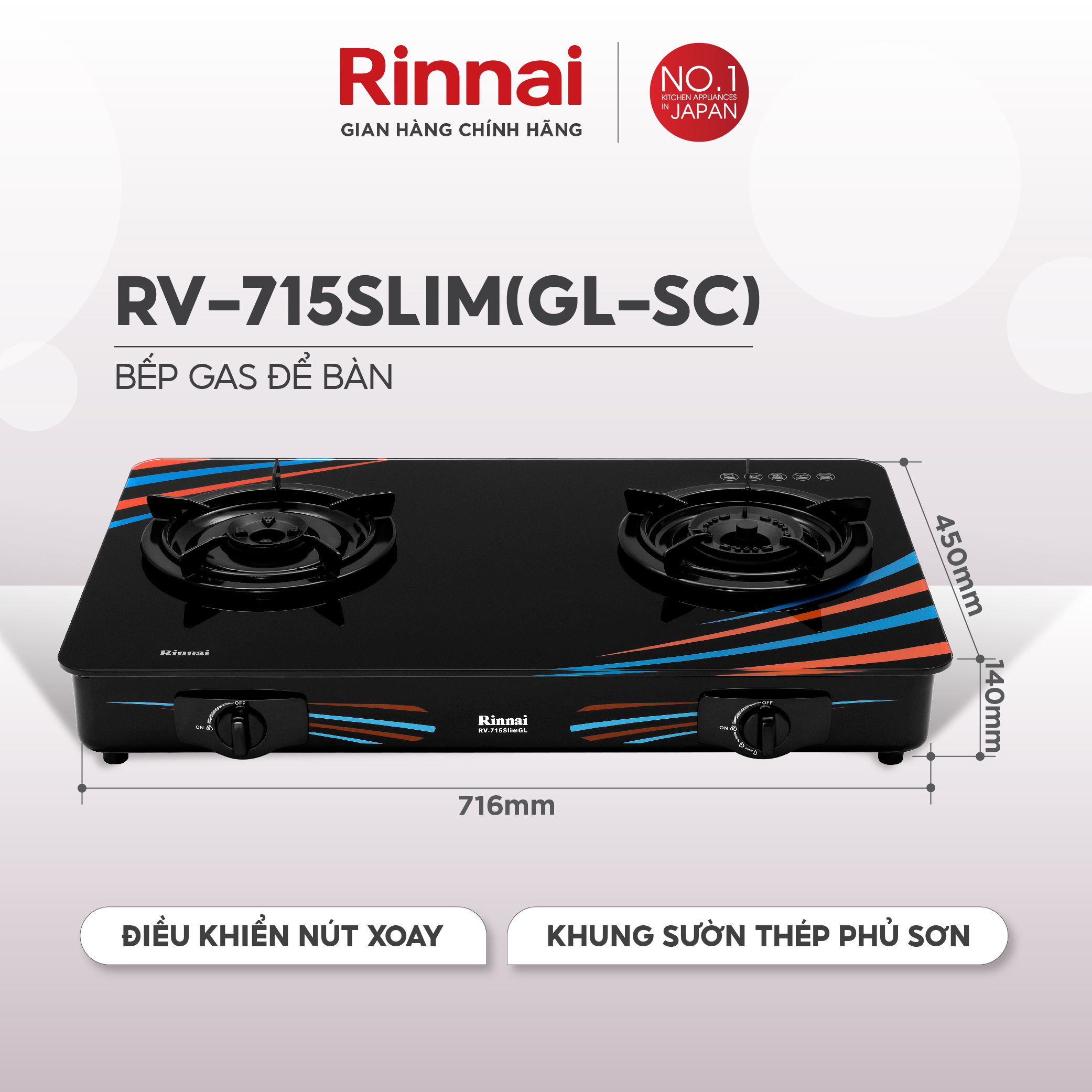 Bếp gas dương Rinnai RV-715Slim mặt bếp kính và kiềng bếp men - Hàng chính hãng.