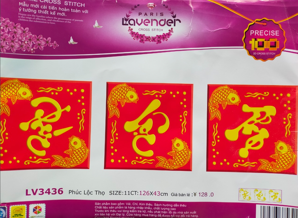 TRANH THÊU PHÚC LỘC THỌ - 126 x 43 cm - TỰ THÊU