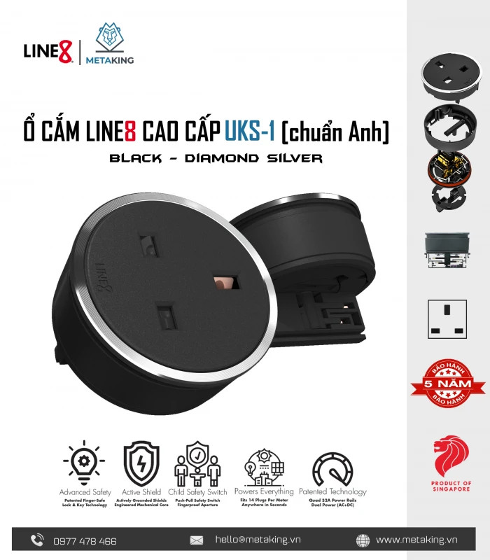Ổ Cắm Điện Line8 UKS-1 - Body Màu Đen - Chuẩn Anh - Chính hãng