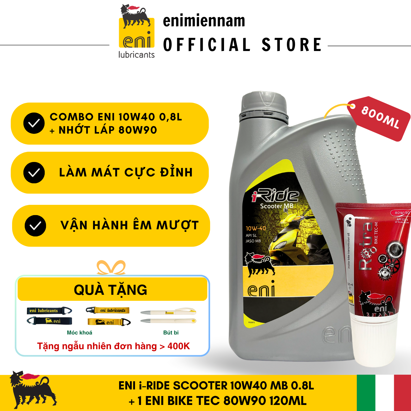(HCM) Combo Eni Scooter 10W40 0.8L + Nhớt Láp 80W90 120ML