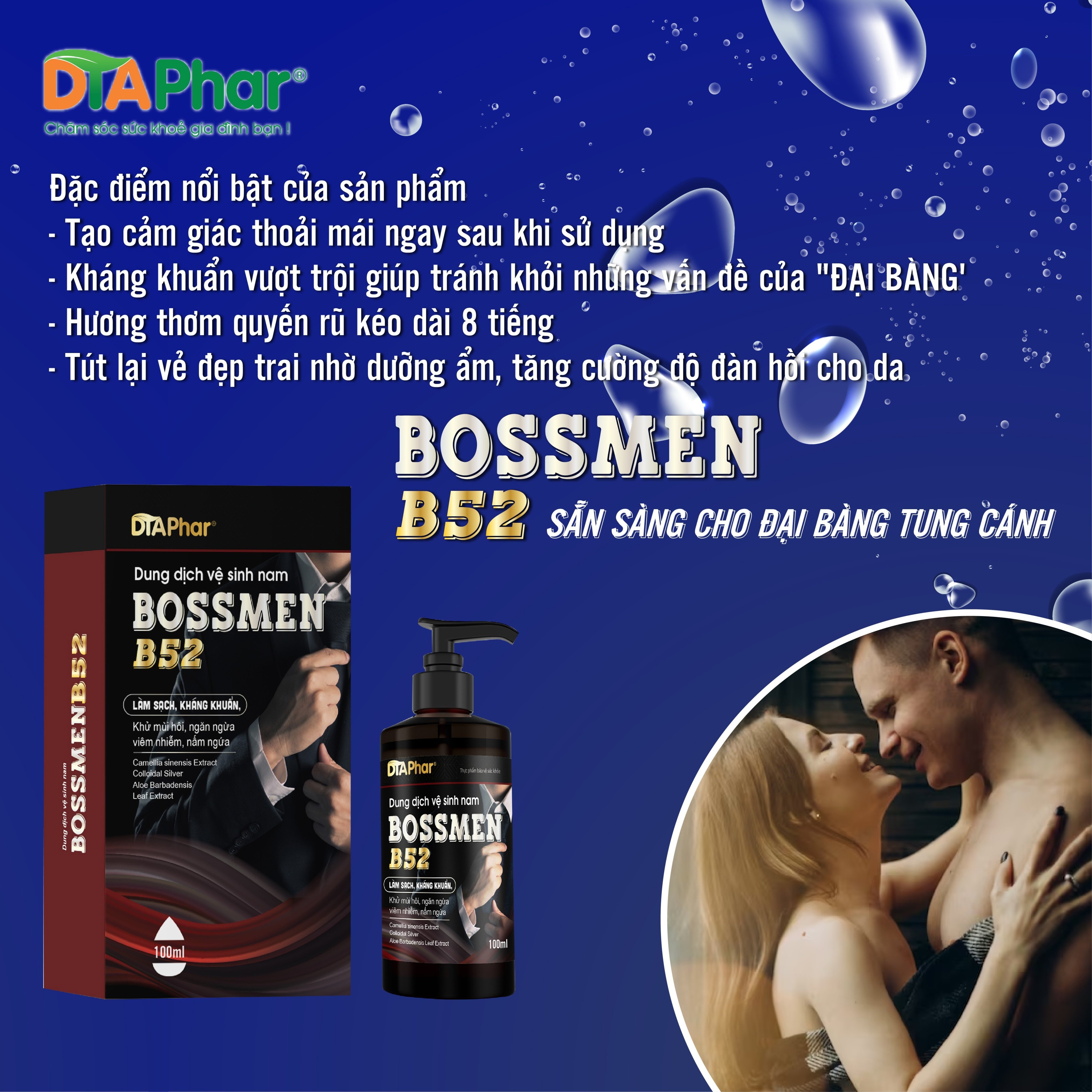 DUNG DỊCH VỆ SINH NAM BOSSMEN B52 HƯƠNG NƯỚC HOA GIỮ HƯƠNG LÂU HỖ TRỢ LÀM SẠCH KHÁNG KHUẨN NGĂN NGỪA VIÊM NHIỄM CHAI 100ML TÂM AN PHARMA