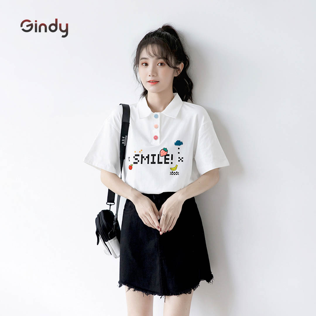 Áo thun phông nữ polo GINDY Smile cổ bẻ cotton tay lỡ phong cách unisex vải cotton thoáng mát A8108