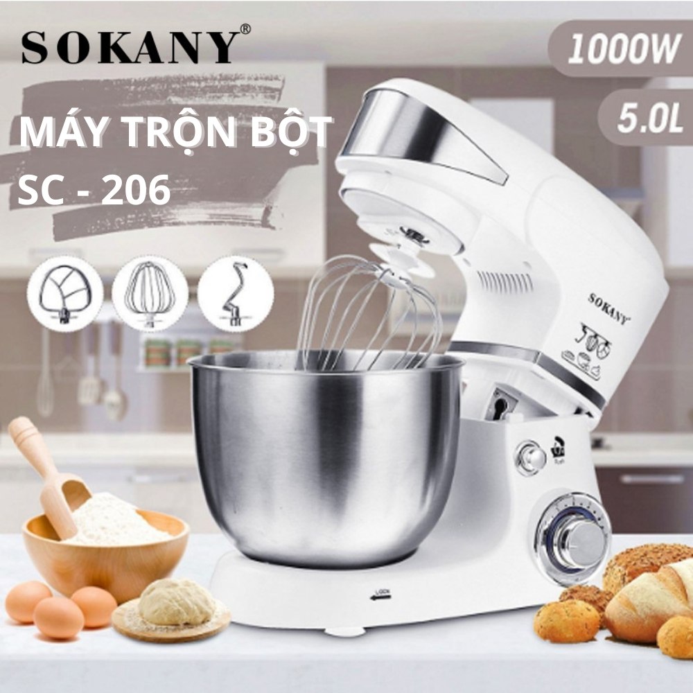 Máy đánh trứng trộn bột, nhào bột để bàn SOKANY SC-206, công suất lớn 1000W,  cối inox 5L trộn bột, nhào bột tự động - HÀNG CHÍNH HÃNG - DELIYA