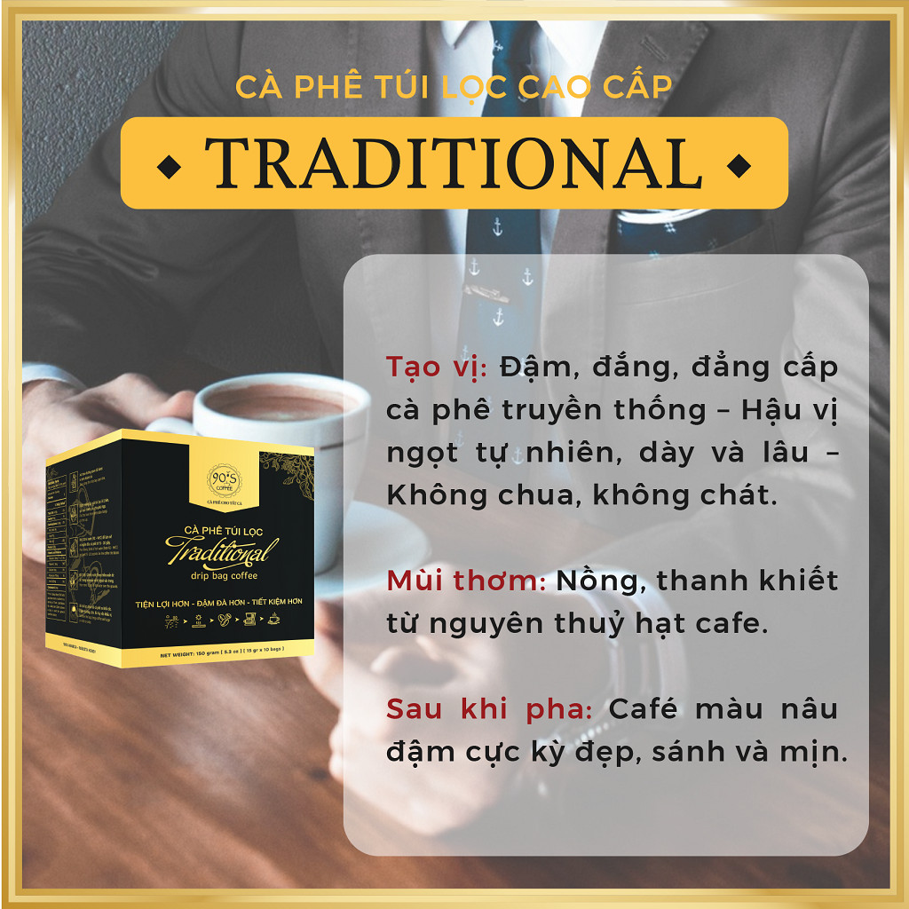 Cà Phê TRADITIONAL - 90S Coffee | Hộp 10 Gói x 15g Cà Phê phin giấy Rang Xay Nguyên Chất Cao Cấp