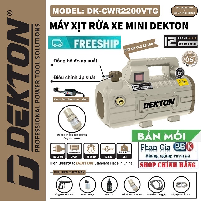 Máy Rửa Xe Có Chỉnh Áp DEKTON CWR2200VTG - Công Suất 790W - Màu BE Cổ Điển – Siêu Tiết Kiệm Nước