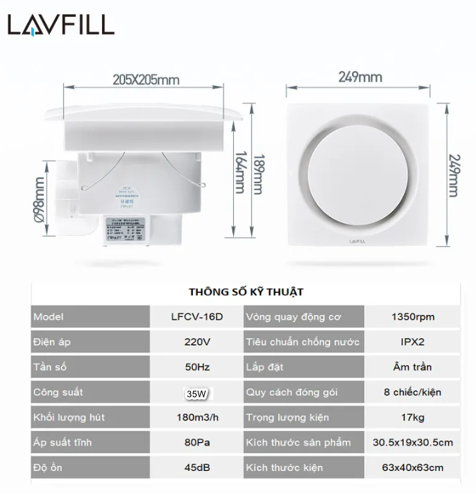 Quạt Thông Gió Âm Trần có sử dụng cảm biến CHUYỂN ĐỘNG LAVFILL LFCV-16D