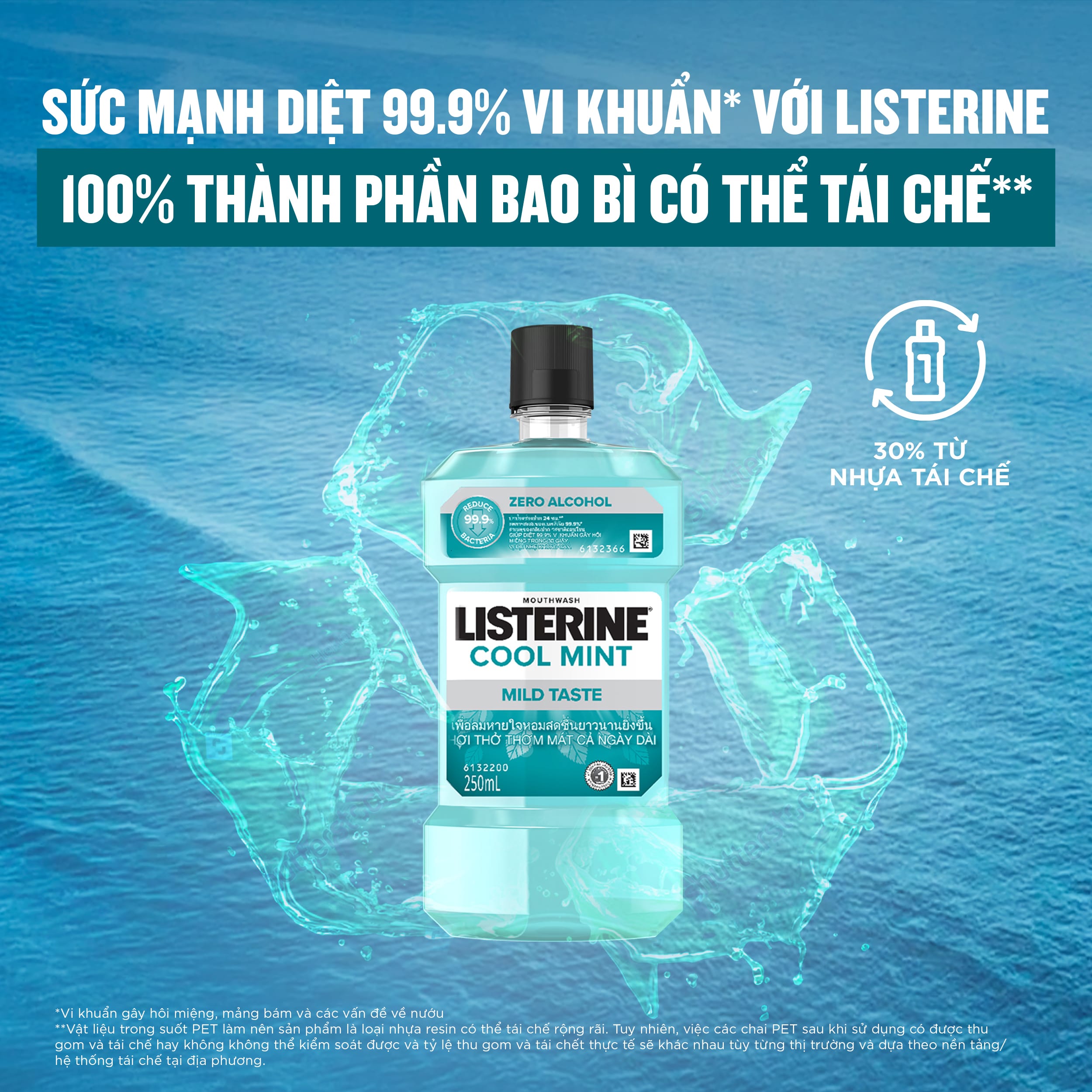 Nước súc miệng không cay giúp hơi thở thơm mát Listerine Cool Mint Zero Alcohol - Dung tích 100ml
