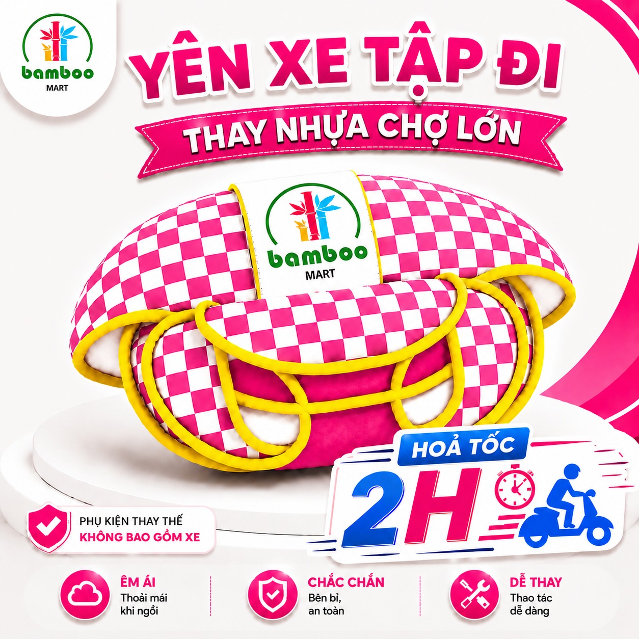 Yên Xe Tập Đi Màu Hồng Bamboo Mart Thay Thế Cho Xe Nhựa Chợ Lớn – Mút Êm, Lắp Vừa Khung