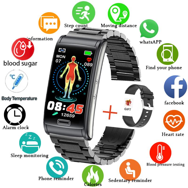 Sang trong máu không xâm lấn ECG PPG Sức khỏe Vòng đeo tay thông minh IP68 Thể thao chống thấm Watcher Watch Watch Men Blood Glucose Meter Đồng hồ