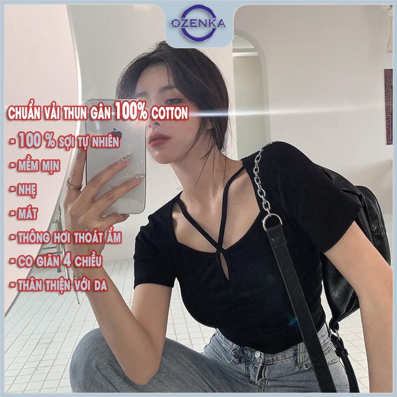 Áo croptop ngắn tay cổ sẻ v màu trơn nữ OZENKA , áo crt đen trắng form ôm body thun gân 100% cotton mềm mịn mát