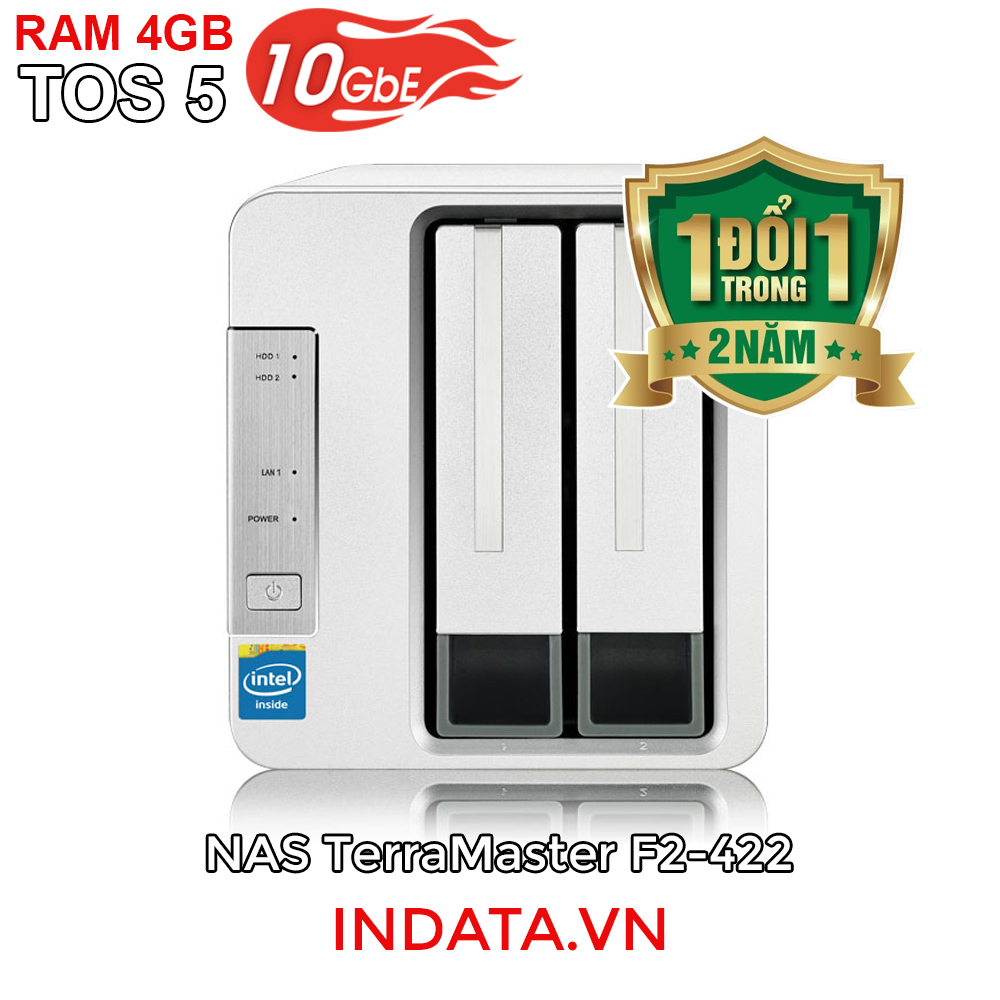 Bộ lưu trữ mạng NAS TerraMaster F2-422, LAN 10Gbps, Intel Quad-Core 1.5GHz, 4GB RAM, 651MB/s, 2 khay ổ cứng RAID 0,1,JBOD,Single - Hàng chính hãng