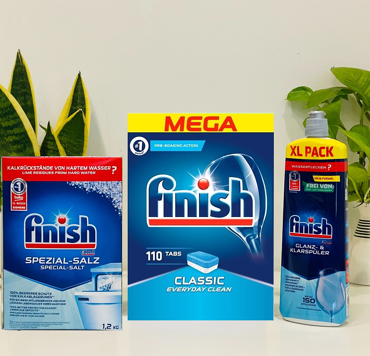 Combo 120 viên Finish+ nước bóng 1150ml+1.5kg muối rửa bát dùng cho máy rửa bát chén