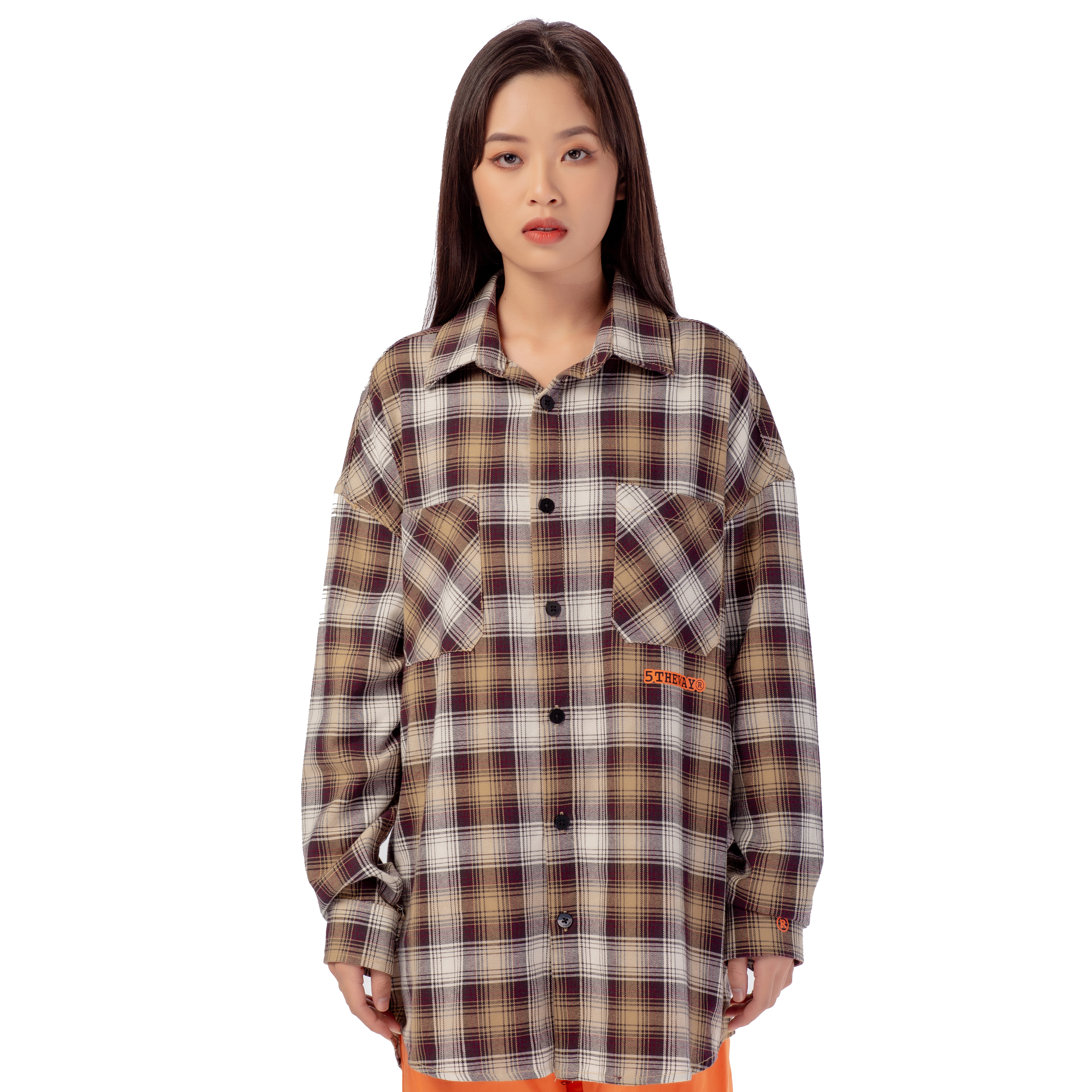 Áo Sơ Mi Flannel 5THEWAY Tay Dài Sọc Caro Tím Cam aka /stroke/ BIG LOGO FLANNEL SHIRT in PU/GR