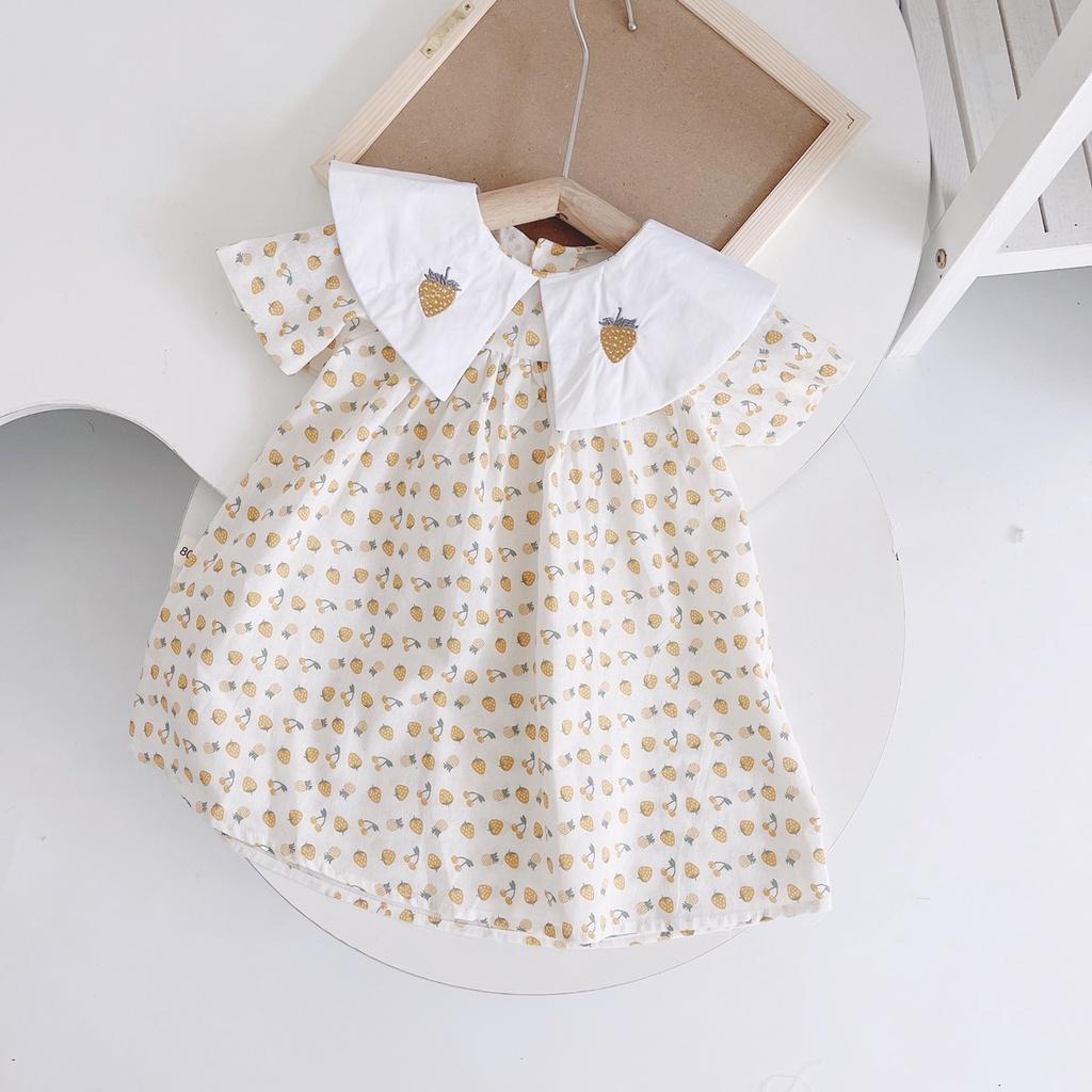 Váy hè cho bé gái 1-6 tuổi cộc tay cổ sen thêu dâu tây, Đầm babydoll trẻ em hàng thiết kế thoáng mát