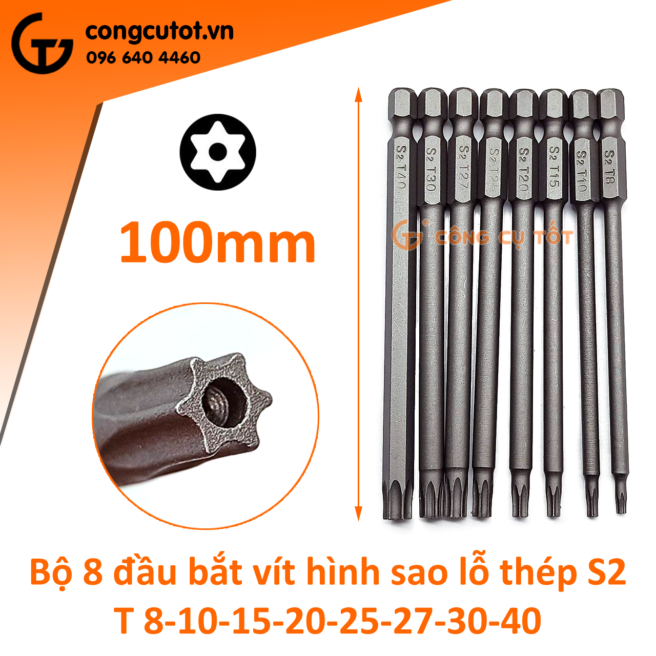 Bộ 8 đầu bắt vít hình sao lỗ 100mm các cỡ T8, T10, T15, T20, T25, T27, T30, T40