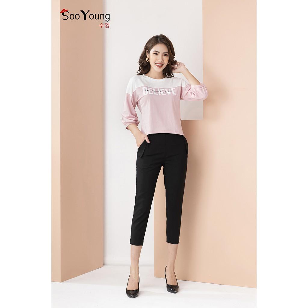 Áo thun hồng vai chờm phối ngực tay lỡ chất cotton -Sooyoung